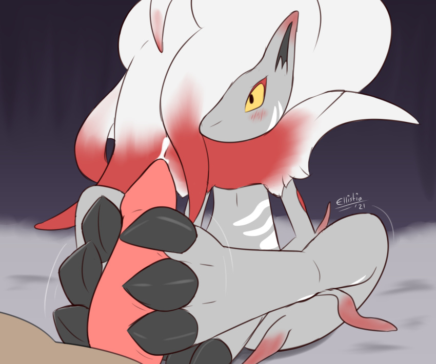 ambiguous_gender anthro blush bodily_fluids canid canine claws cum duo ellistia erection faceless_character faceless_male foot_fetish foot_play footjob fur generation_5_pokemon genital_fluids genitals hindpaw hisuian_zoroark male mammal nintendo paws penis pokémon_(species) pokemon pokemon_legends:_arceus precum regional_form_(pokémon) sex solo_focus toe_claws two-footed_footjob video_games zoroark