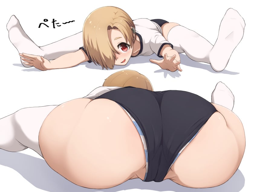 1girls aki_(sangetusei) ass blonde_hair blue_buruma buruma cameltoe cleft_of_venus ear_piercing flexible gym_shirt gym_uniform hair_over_one_eye highres idolmaster idolmaster_cinderella_girls jewelry looking_at_viewer panties panty_peek piercing shiny shiny_hair shiny_skin shirasaka_koume shirt short_hair short_sleeves simple_background striped striped_panties thighhighs underwear white_background white_legwear