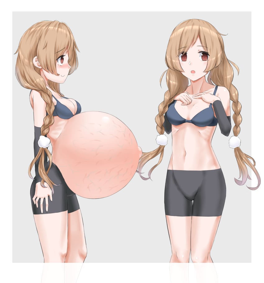 1girls before_and_after before_and_during_pregnancy bike_shorts black_armwear bra braided_twintails braids detached_sleeves female female_only garylin huge_belly kantai_collection light_brown_hair long_hair minegumo_(kantai_collection) outie_navel ovum popped_navel pregnancy_progression pregnant profile ready_to_pop sidebelly small_breasts solo sperm_cell stretch_marks veiny_belly