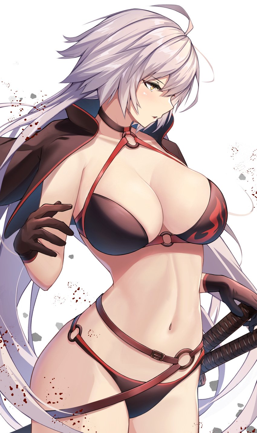 1girls 2021 ahoge bare_legs bikini black_bikini breasts cropped_jacket fate/grand_order fate_(series) female female_focus female_only highres hips huge_breasts jacket jeanne_alter jeanne_alter_(swimsuit_berserker) katana long_hair looking_forward oserotto pale_skin simple_background slim_waist swimsuit sword thick_thighs thighs twintails very_high_resolution weapon white_background white_hair wide_hips yellow_eyes