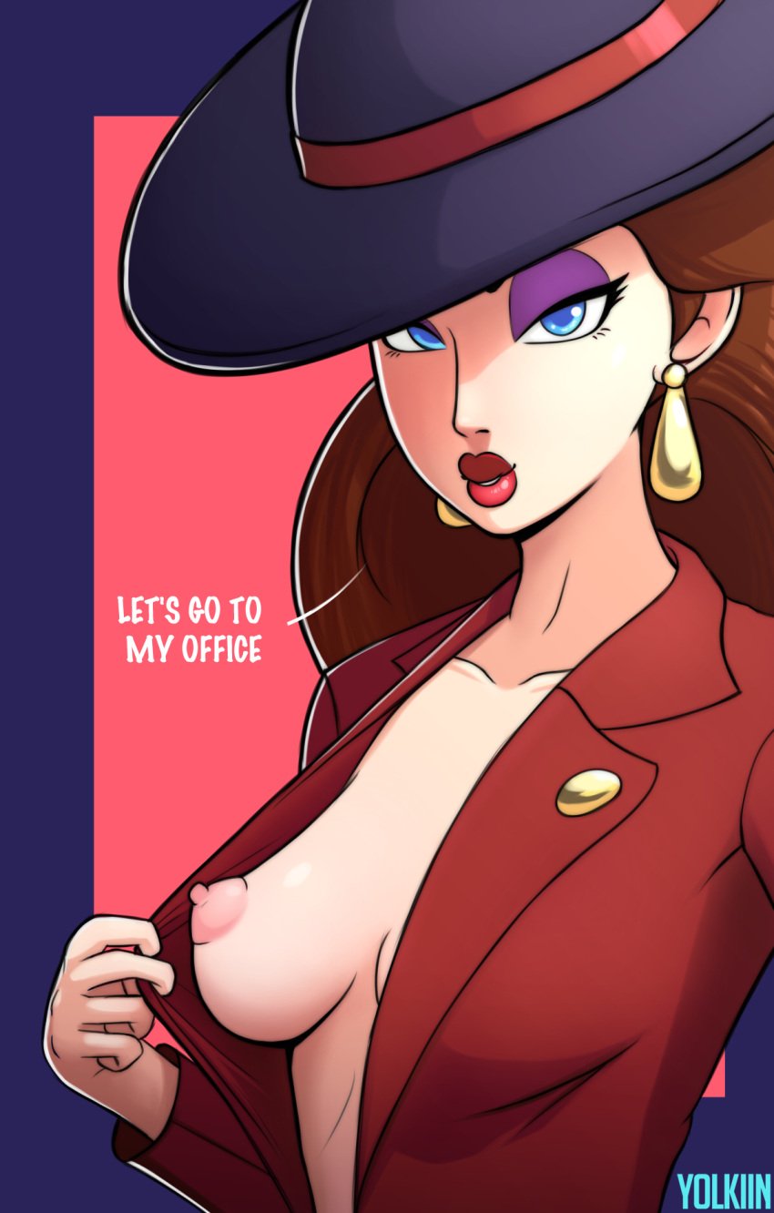 blue_eyes dick_sucking_lips flashing flashing_breasts hat inviting_to_sex mario_(series) medium_breasts pauline perky_breasts perky_nipples pointy_nipples red_lips seductive solo_female speech_bubble super_mario_odyssey yolkiin