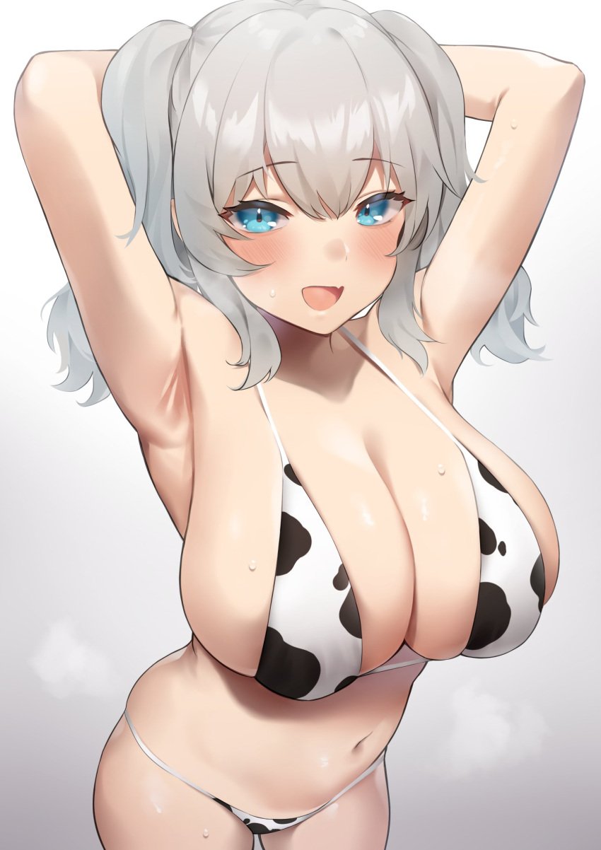 armpit arms_raised big_breasts bikini blue_eyes breasts cleavage cow_bikini grey_hair kantai_collection kashima_(kantai_collection) open_mouth smiling sweat usa_b white_skin