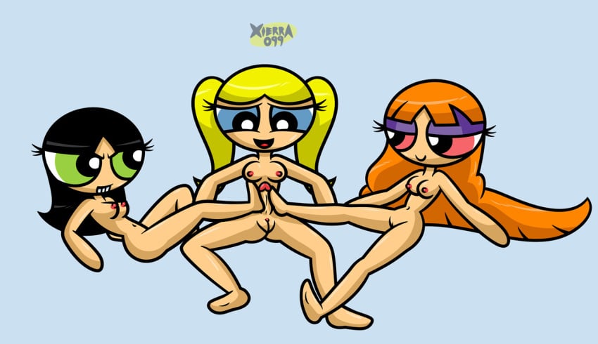 1futa 2girls black_hair blonde_hair blossom_(powerpuff_girls) blue_background blue_eyes breasts bubbles_(powerpuff_girls) buttercup_(powerpuff_girls) clitoris erection feet_on_penis female foot_on_penis foot_rub footjob futa_on_female futa_sans_balls futanari ginger_hair green_eyes hairless_pussy light-skinned_female light-skinned_futanari long_hair naked naked_female nipples nude nude_female orange_hair pale-skinned_female penis pink_eyes ponytail powerpuff_girls pussy teenager threesome twintails vagina xierra099