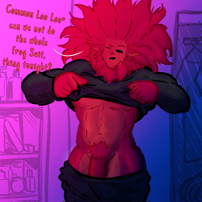 big_hair dialogue digital_media_(artwork) hi_res kojo_(ttherandom) kojoarts large_male lifting_shirt male male_focus male_only muscular_male naughtypaw_(artist) penis_under_clothes red_fur text ttherandom tthrandom tthrandom_rp