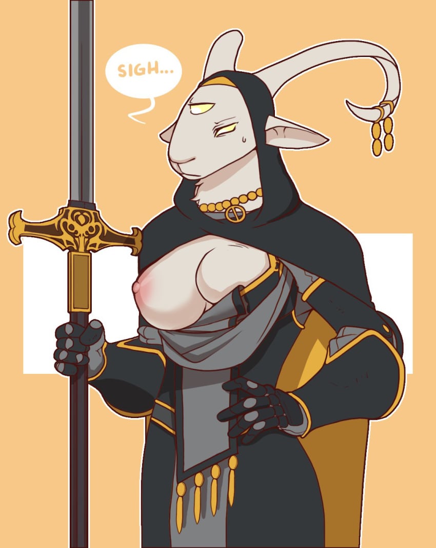 anthro breasts clothed clothing collar dragon dungeons_and_dragons edit embarrassed female fur gloves holding_weapon horns ishton nipples partially_clothed simple_background solo sweat weapon white_fur yellow_eyes