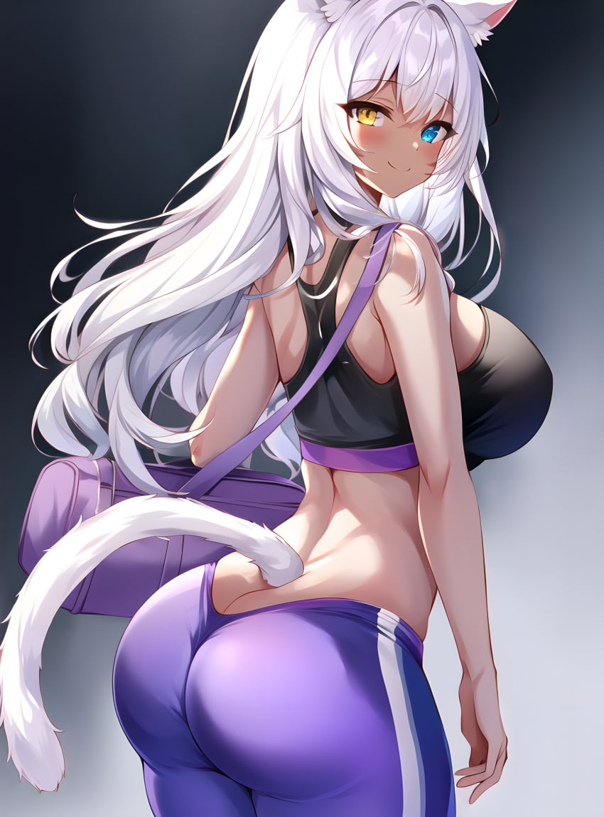 1girls ai_generated ass ass_cleavage bag big_ass bubble_butt butt_crack cat_ears cat_tail catgirl dark-skinned_female dark_skin facial_markings final_fantasy final_fantasy_xiv gym gym_clothes heterochromia long_hair looking_at_viewer miqo'te miyuki_mochizuki miyukiva smile tank_top white_hair yoga_pants