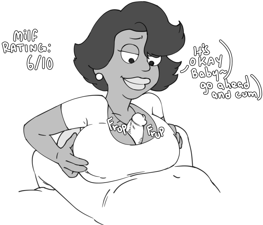 1girls big_breasts big_penis boob_window cfnm clothed dark-skinned_female donna_tubbs ear_piercing earrings family_guy interracial milf outercourse paizuri partial_male reassuring smutphish_(artist) tagme text the_cleveland_show white_background