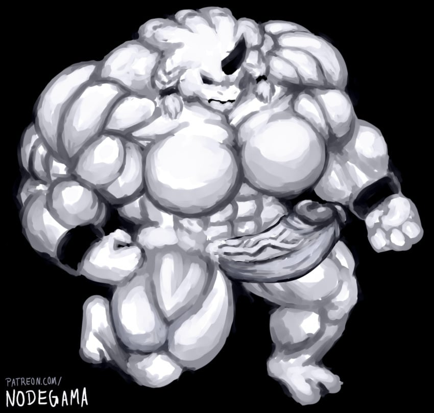 1boy abs anthro black_horn bracelet bracelets braided_hair erection everhood extreme_muscles foreskin foreskin_folds fully_retracted_foreskin fur furry horn humanoid_penis hyper_muscles intact male male_only masculine monochrome muscles muscular_male no_nipples nodegama nude_male pecs penis rasta_beast rasta_beast_(everhood) solo uncut veiny_penis white_fur white_hair