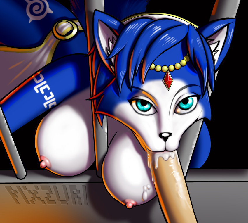 :>= anthro between_breasts blowjob blowjob_face blue_eyes blue_fur blue_hair breast_press breasts breasts_out bribe cum cum_in_mouth cum_inside cum_on_breasts faceless_male female female_focus fox fox_ears fox_girl fox_tail furry huge_breasts jail jewelry krystal large_breasts looking_at_viewer male male/female nipples nude oral oral_sex penis pixzuri playshapes saliva saliva_on_penis star_fox straight sucking trapped video_games