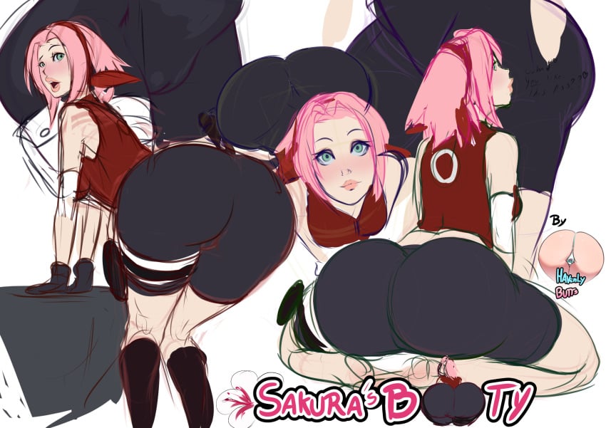 1girls ass bike_shorts boots bubble_butt cameltoe female female_only green_eyes heavenly_butts human knee_boots looking_at_viewer naruto naruto_shippuden open_toe_shoes pink_hair sakura_haruno short_hair skin_tight solo various_positions white_background