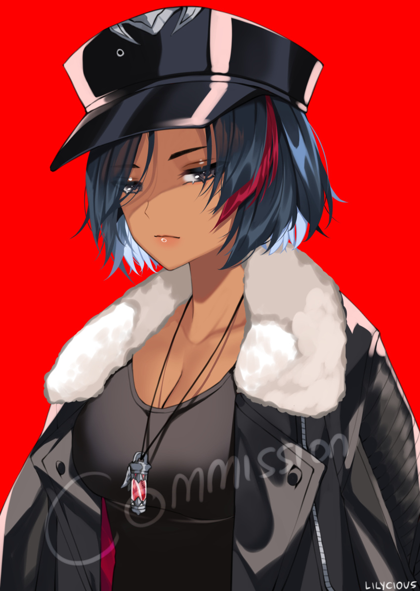 black_clothing black_hair brown_eyes cap cleavage dark-skinned_female dark_skin female female_focus female_only fur_collar hat lilycious looking_at_viewer looking_to_the_side necklace oc officer_cap red_hair two_tone_hair vial