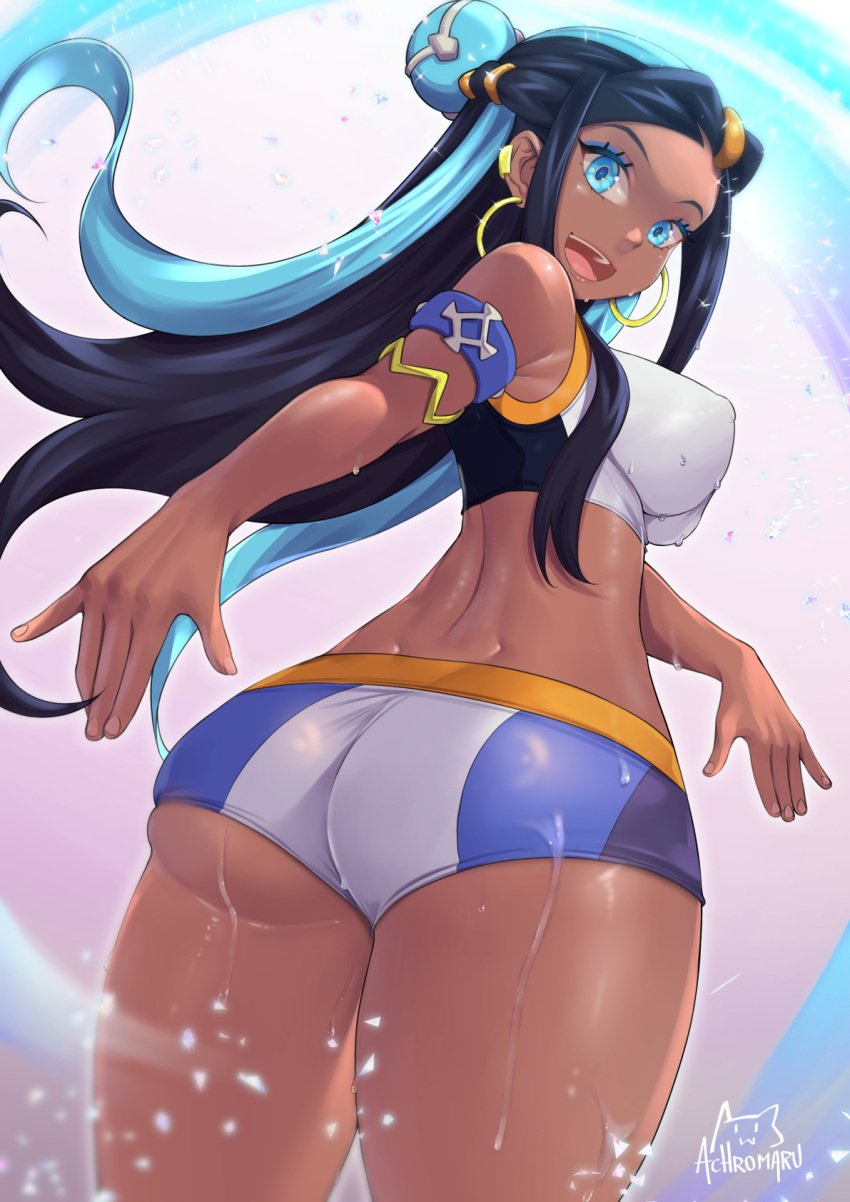 1girls achromaru ass ass_cheeks big_ass big_breasts blue_eyes blue_hair breasts earrings eye_contact female long_hair looking_at_viewer nessa_(pokemon) nintendo partially_visible_nipples pokemon pokemon_ss short_shorts shorts solo standing thick_ass thick_thighs tight_clothing tight_swimsuit two_tone_hair