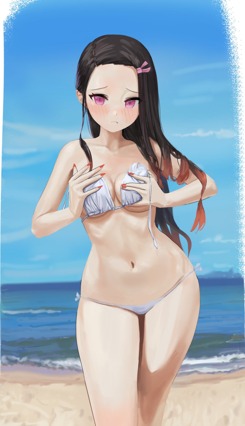 beach bikini blush breast_hold breast_squish cleavage cute_fang dark_hair demon_slayer detailed_background dolri female female_only hair_ribbon kamado_nezuko kimetsu_no_yaiba long_fingernails long_hair looking_at_viewer nail_polish outside pink_eyes red_nails sharp_fingernails small_breasts solo swimsuit two_tone_hair untied_bikini white_bikini wide_hips