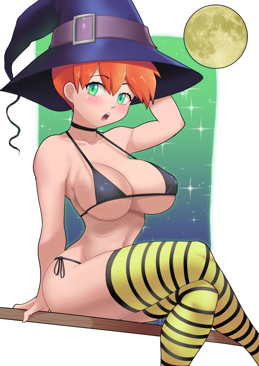 1girls 2021 alternate_breast_size bikini black_bikini breasts broom_riding broomstick crossed_legs female female_focus female_only gez1313 green_eyes gssaturday halloween hat hi_res huge_breasts kasumi_(pokemon) large_hat misty_(pokemon) nintendo orange_hair pokemon pokemon_(anime) pokemon_rgby short_hair side-tie_bikini simple_background striped_thighhighs thick_thighs thighhighs thighs white_border witch witch_costume witch_hat