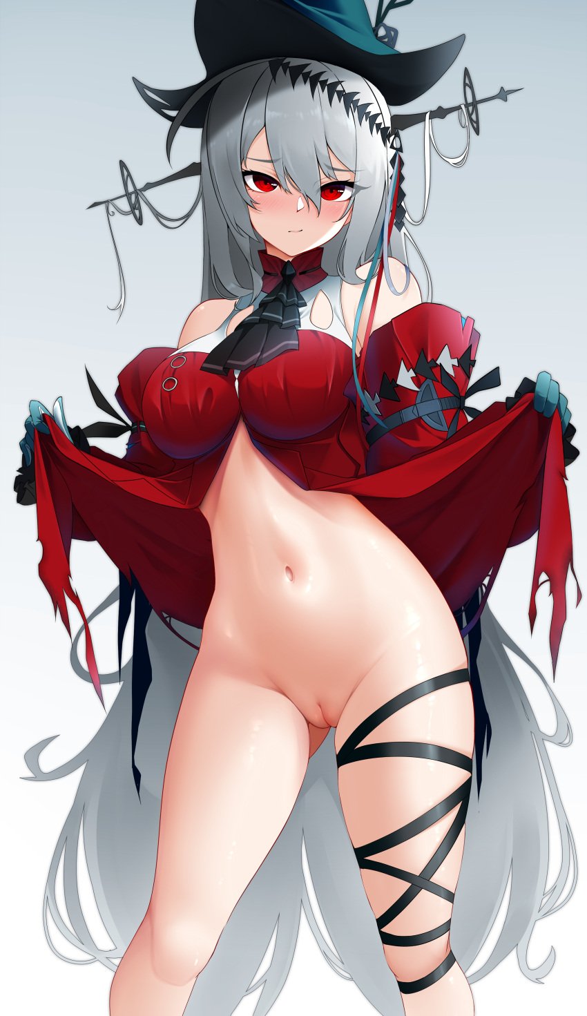 1girls :s arknights ass_visible_through_thighs belly big_breasts blush dress dress_lift embarrassed eyelashes female gradient_background hat highres hips legs long_hair midriff navel presenting presenting_pussy pussy red_eyes ribbons seductive shaved_pussy skadi_(arknights) skadi_the_corrupting_heart_(arknights) solo standing tagme thighs uncensored vagina very_high_resolution white_hair z.taiga