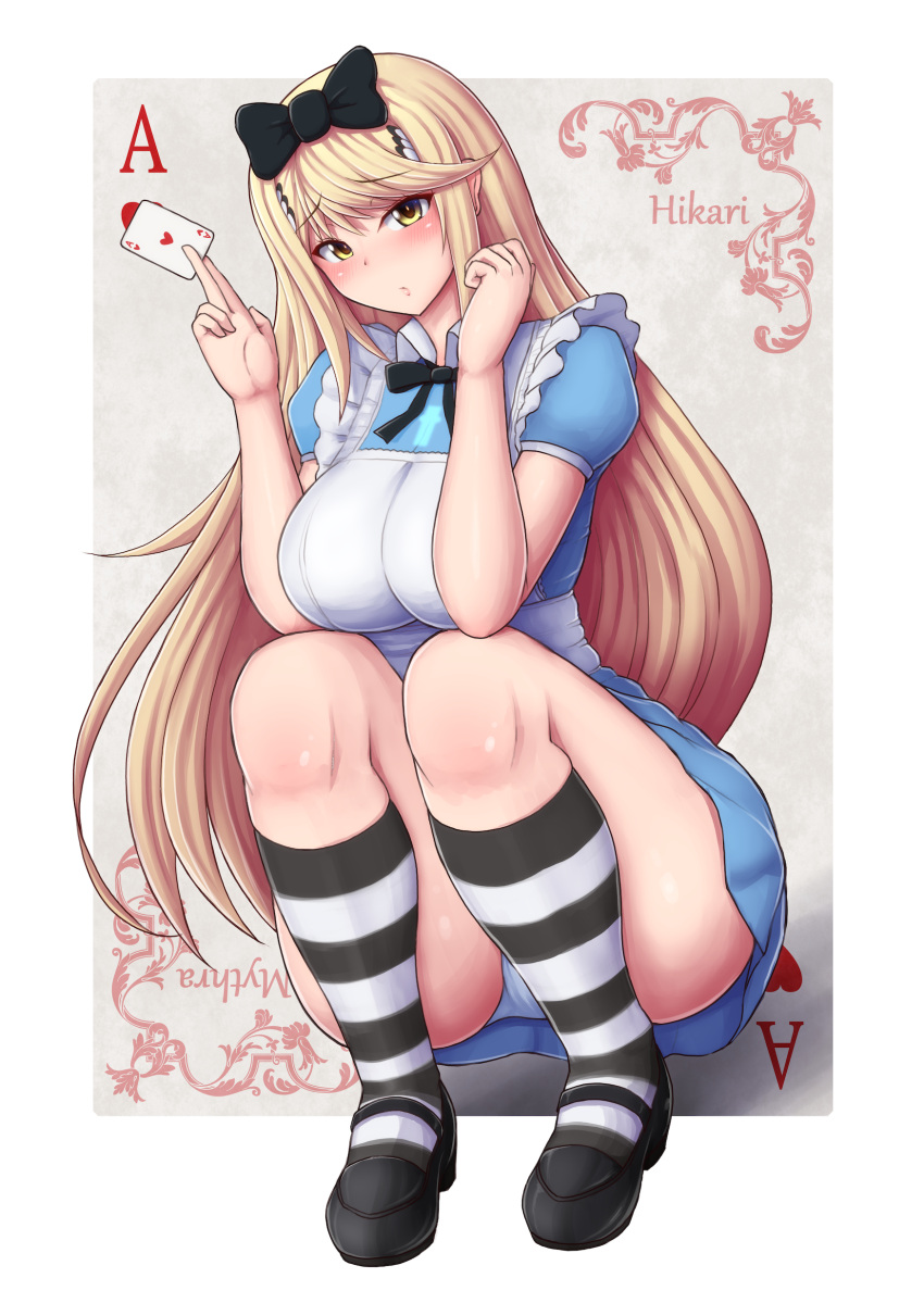 1girls ace_of_hearts alice_in_wonderland alice_in_wonderland_(1951_film) alice_liddell_(cosplay) alternate_costume ass bangs black_shoes blonde_hair blue_dress blue_skirt blush bow bow_in_hair bowtie breasts collared_dress colored core_crystal cosplay crystal disney exposed_panties female frills frilly_clothing gem hair_ornament hair_ribbon holding_card holding_object large_ass large_breasts long_hair long_socks looking_at_viewer mythra nintendo panties playing_card ponpo striped_socks swept_bangs tagme thick_thighs thighs xenoblade_(series) xenoblade_chronicles_2 yellow_eyes