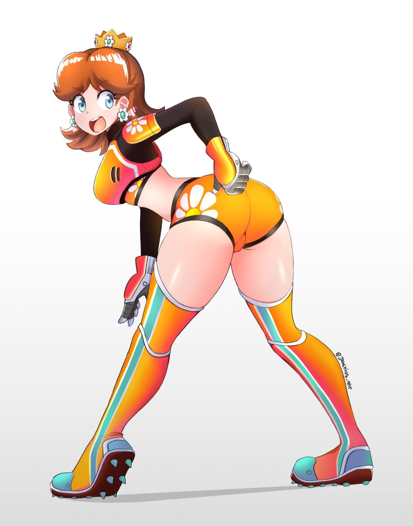 1girls ass blue_eyes breasts brown_hair clothed crown earrings female female_only gloves jarckius looking_back mario_(series) mario_strikers nintendo open_mouth princess_daisy short_hair shorts soccer_shoes soccer_uniform solo spandex_shorts thick_thighs thighs white_skin