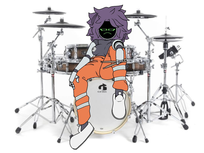 1girls chaz_dono_&_friends clothed clothing deatthot drums drumsticks female female_only maase music_(culture) overalls partially_clothed purple_hair robot robot_girl solo topless wig