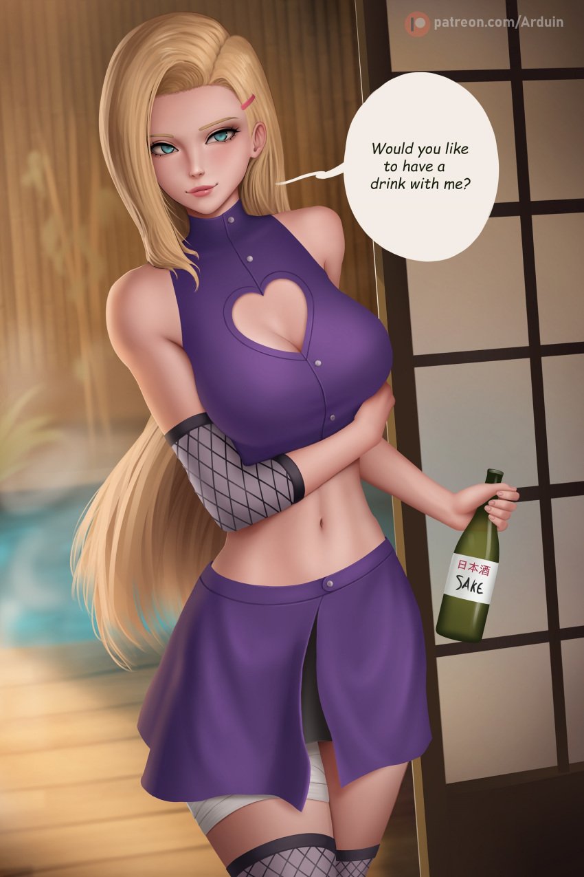 1girls alcohol alternate_hairstyle arduina arm_under_breasts bandaged_leg bandages blonde_hair blue_eyes blush boruto:_naruto_next_generations bottle center_opening cleavage cleavage_cutout clothing curvaceous cutout elbow_pads english_text female female_only fully_clothed hair_down heart_cutout holding_object indoors ino_yamanaka knee_pads lipstick long_hair loose_hair makeup midriff milf naruto naruto_(series) naruto_shippuden navel no_bra nude_version_available sake sake_bottle skirt solo solo_focus speech_bubble talking_to_viewer text thick_thighs wide_hips