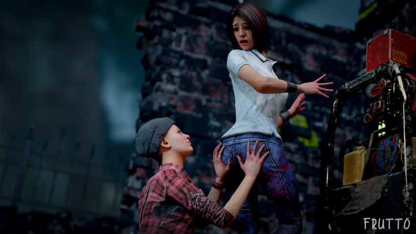 2girls 3d 3d_(artwork) ass big_butt blood bob_cut brown_hair butt_grab dead_by_daylight female female/female female_only frutto grabbing groping hand_on_ass hat headwear jeans lesbian looking_at_another looking_at_partner looking_back meg_thomas nea_karlsson shocked short_hair surprised yuri