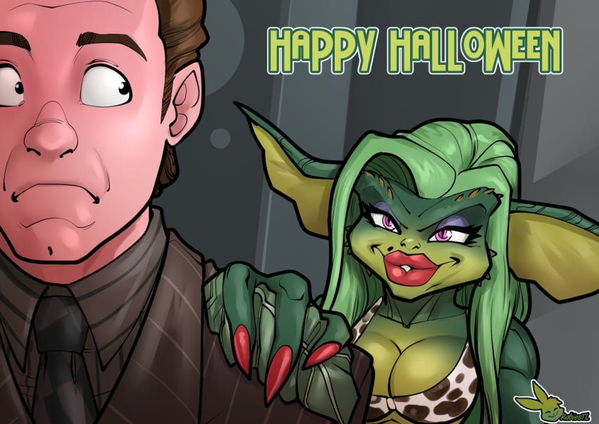 1boy 1girls big_breasts bra brown_hair female green_hair gremlin gremlins greta_(gremlins) halloween happy_halloween male monster_girl purple_eyes rabies-t-lagomorph red_fingernails warner_brothers