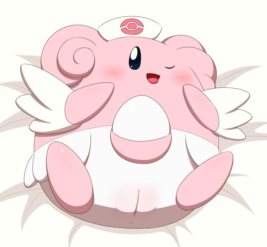 blissey blush clothing female genitals headgear headwear hi_res lying minami_(artist) nintendo nurse_clothing nurse_headwear on_back one_eye_closed peter_griffin pokémon_(species) pokemon pussy solo video_games wink