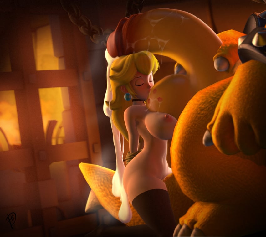 1boy 1girls 3d anthro arms_behind_back ball_kissing blonde_hair bondage bowser breasts captured choker closed_eyes cum cum_on_hair cumming excessive_cum female forced huge_cock hyper_genitalia indoors interspecies large_breasts leaking_cum lipstick_mark lipstick_on_balls long_hair male mario_(series) nintendo nipples nude penis princess_peach scalie source_filmmaker tail testicles thedrunk thighhighs