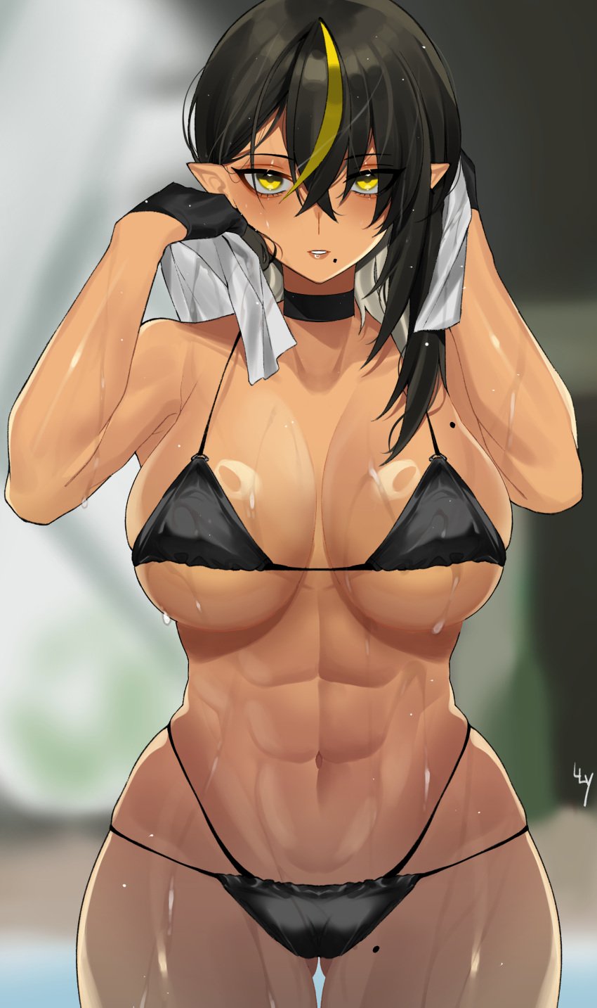 abs asymmetrical_hair bangs bare_arms bare_legs bare_midriff bare_shoulders bare_thighs beauty_mark belly_button big_breasts black_bra black_gloves black_hair bra choker cleavage dark-skinned_female dark_elf dark_hair dark_skin elf elf_ears elf_female fangs female female_focus female_only gloves hair_between_eyes hair_over_one_eye hand_in_pocket large_breasts lilith_(lilycious) lilycious long_hair looking_at_viewer mole mole_on_breast mole_on_thigh mole_under_mouth multicolored_hair nipple_bulge oc open_clothes pointy_ears red_eyes side_view sideboob solo solo_female solo_focus tagme toned toned_body toned_female toned_stomach underboob underwear wet wet_hair wet_panties yellow_eyes yellow_hair