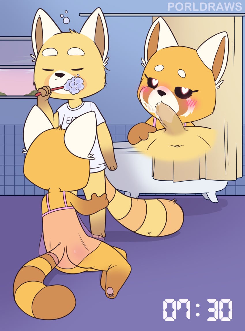 aggressive_retsuko ailurid anthro ass blush bodily_fluids bottomless bottomless_female bottomless_male clothing cum cum_in_mouth cum_inside cum_on_face duo fellatio female genital_fluids genitals heart heart-shaped_pupils male mammal nightgown oral penile penis porldraws red_panda resasuke retsuko sanrio sex shirt smooth_fur straight topwear translucent_clothing