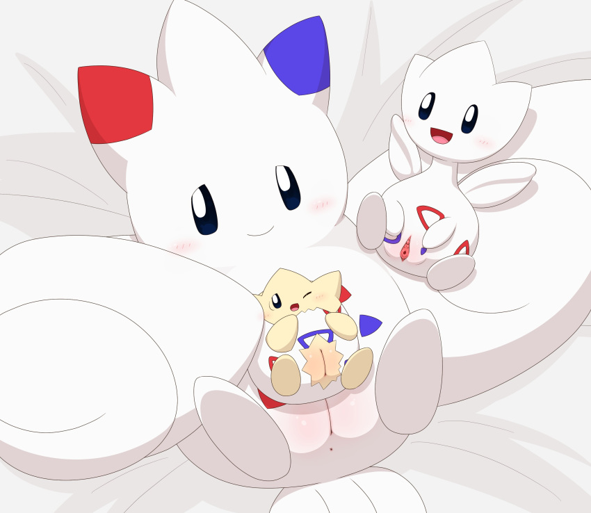 absurd_res bed blush evolutionary_family female feral feral_only furniture genitals group hi_res lying minami_(artist) nintendo on_back on_bed pokémon_(species) pokemon presenting presenting_pussy pussy spread_pussy spreading take_your_pick togekiss togepi togetic video_games