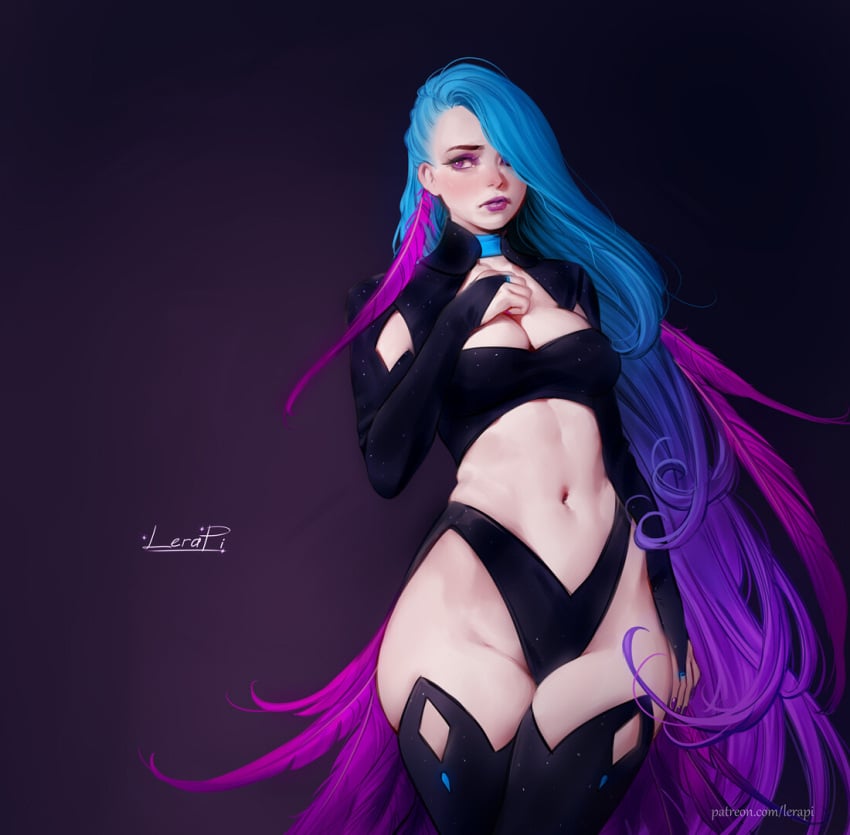 aleriia_v blue_hair breasts cleavage female female_focus female_only gradient_hair lerapi lilim lilim_(lerapi) long_hair original original_character purple_eyes purple_eyeshadow purple_hair purple_lips purple_lipstick thick_thighs thighhighs thighs