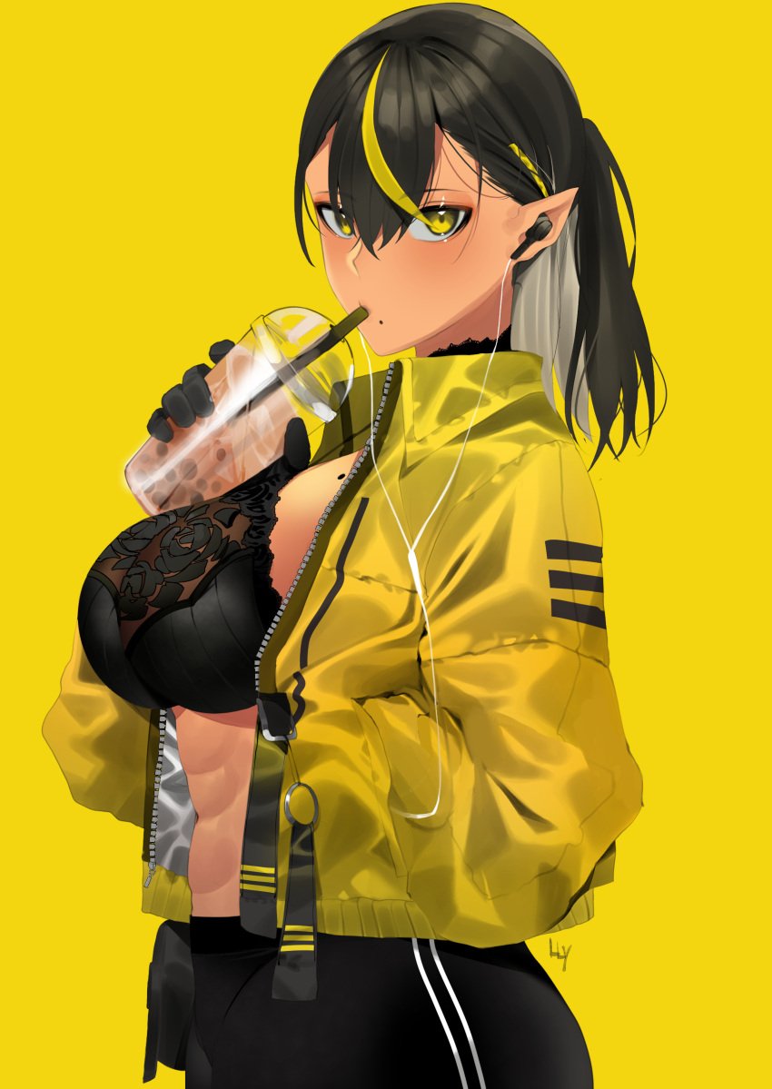 abs ass bangs beauty_mark big_breasts black_bra black_gloves black_hair black_legwear bra choker cleavage dark-skinned_female dark_elf dark_hair dark_skin drinking earbuds elf elf_ears elf_female fangs female female_focus female_only floral_print gloves hair_between_eyes hair_over_one_eye hand_in_pocket large_breasts lilith_(lilycious) lilycious long_hair looking_at_viewer looking_to_the_side mole mole_on_breast mole_under_mouth multicolored_hair oc open_clothes pointy_ears ponytail red_eyes round_ass side_view sideboob solo solo_female solo_focus tagme yellow_background yellow_clothing yellow_eyes yellow_hair zipper