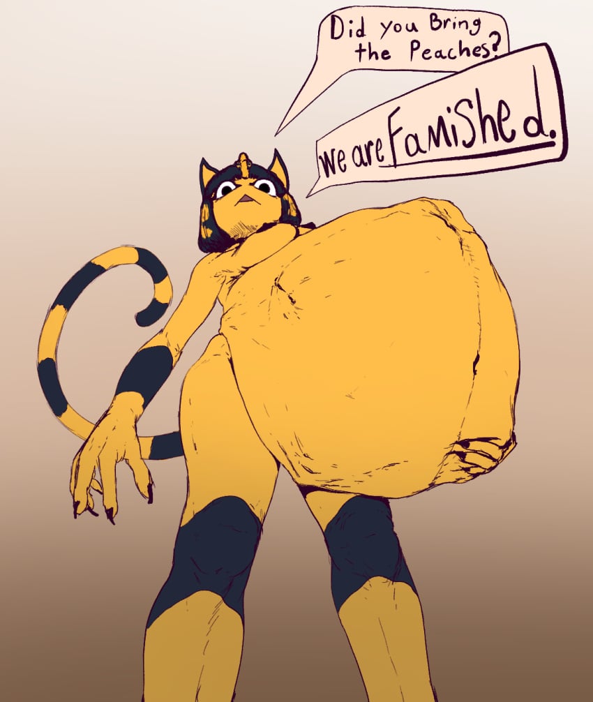 1girls animal_crossing ankha anthro belly big_belly breasts epastus female furry hand_on_belly horrifying huge_belly large_belly mianq nintendo nipples same_size_vore video_games vore yellow_fur