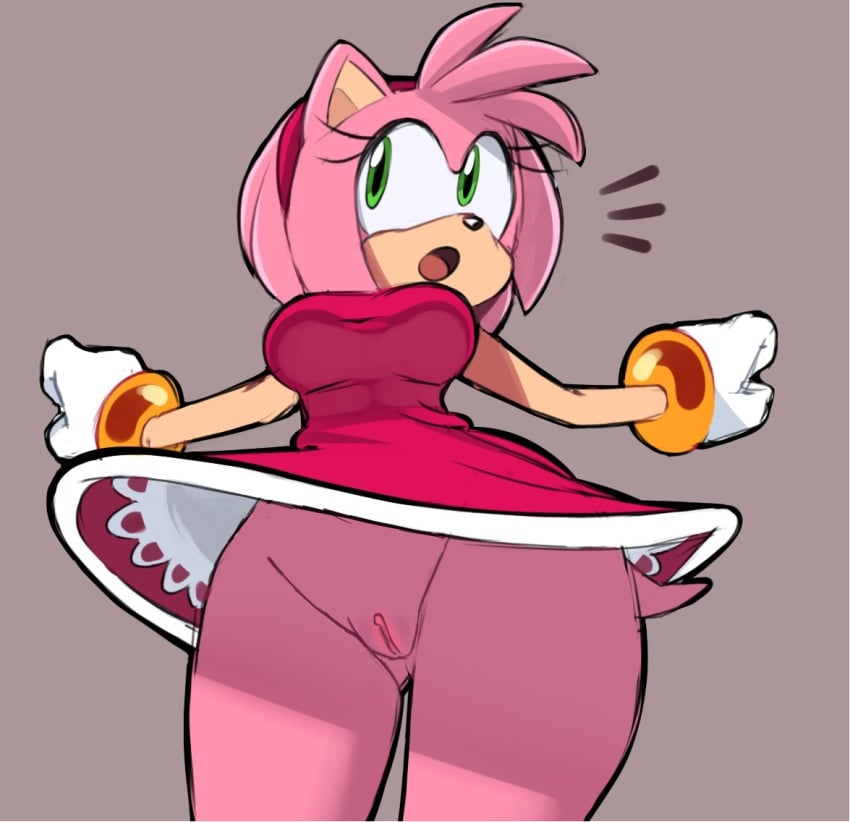 amy_rose anthro big_breasts bow_panties breasts cameltoe clothing dress edit eulipotyphlan female genitals green_eyes hedgehog mammal no_panties open_mouth pussy sega solo sonic_(series) sonic_the_hedgehog_(series) squidapple thick_thighs upskirt wide_hips