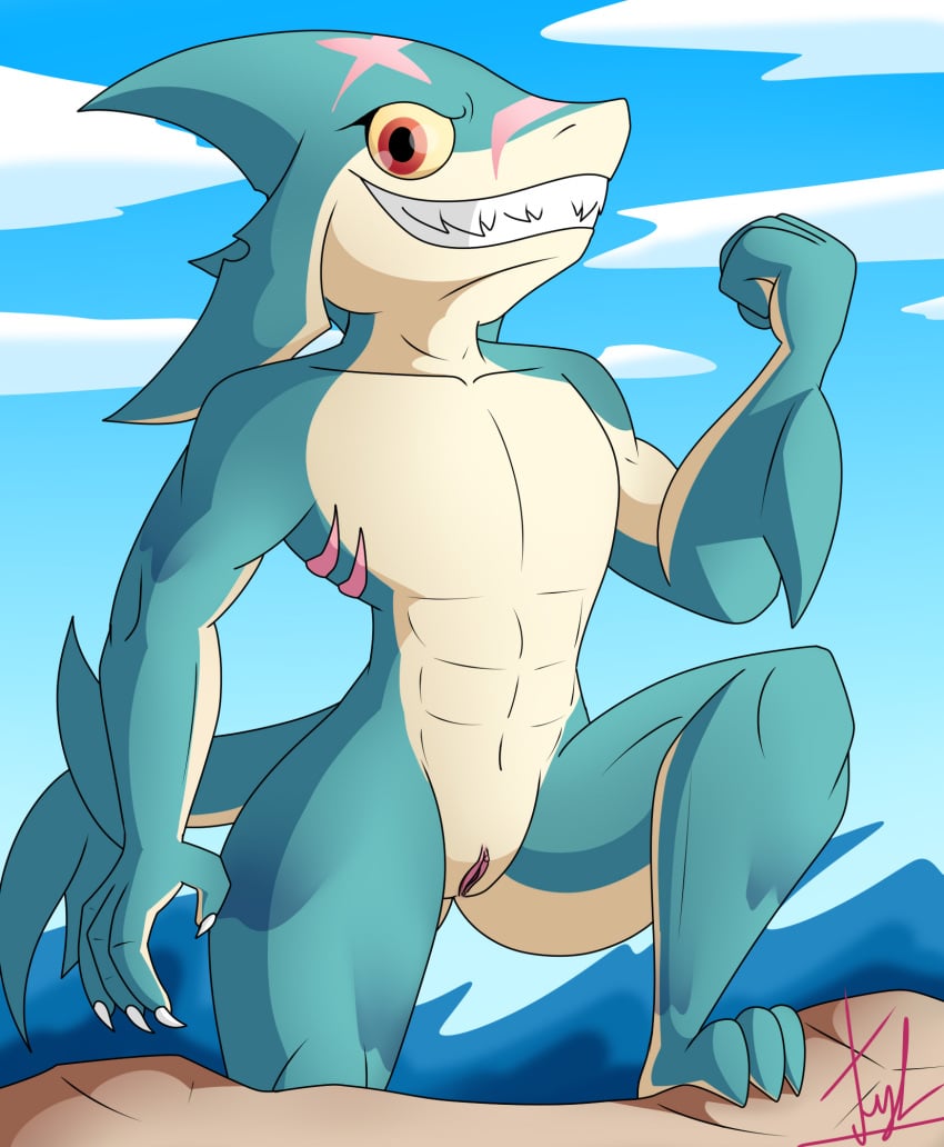 andromorph anthro brawlhalla claws cuntboy detailed_background fin fish genitals hi_res intersex lechugansfw looking_at_viewer mako_(brawlhalla) marine muscular muscular_intersex outside pose pussy scar sea shark sharp_teeth signature sky smile solo teeth water