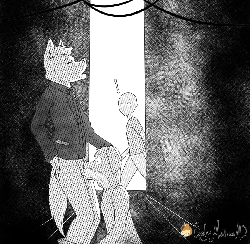 alley animal_genitalia anthro balls blush canid canine canis caught clothed clothing codymathews comic digital_media_(artwork) domestic_dog duo english_text erection fellatio fur genitals greyscale hair hi_res human inktober inktober2021 inktober_2021 knot knotting male male/male mammal manga monochrome open_mouth oral oral_knotting outside penile penis public sex shaded simple_background suit text voyeur