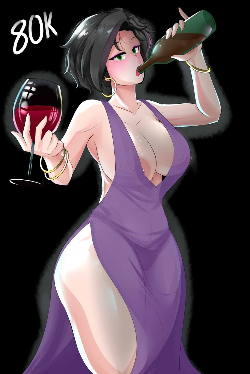 1girls alessandra_(comicomryu) ass big_breasts big_butt black_hair blush breasts comicomryu dress_shirt green_eyes nipple_piercing pussy ryumxr wine