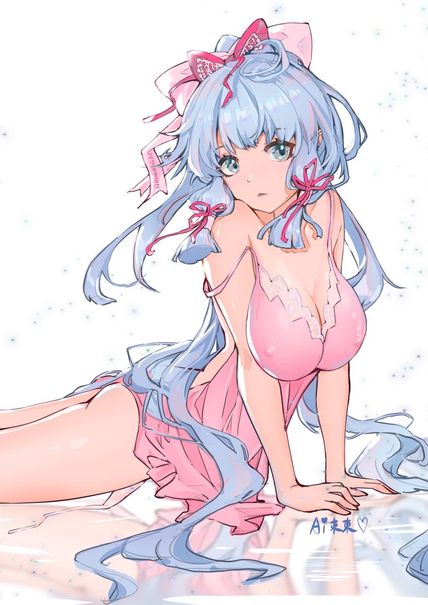 1girls 2021 absurd_res ai_dongdong artist_name ass bare_arms bare_shoulders blue_eyes blue_hair bow breast_squeeze breasts camisole cleavage eyebrows_visible_through_hair female female_only genshin_impact hair_ribbon heart highres kamisato_ayaka large_breasts long_hair long_ponytail matching_hair/eyes negligee nightgown nipple_bulge open_mouth pink_camisole pink_nightgown ponytail reflection reflective_floor ribbon signature solo strap_slip thighs tied_hair underwear very_long_hair