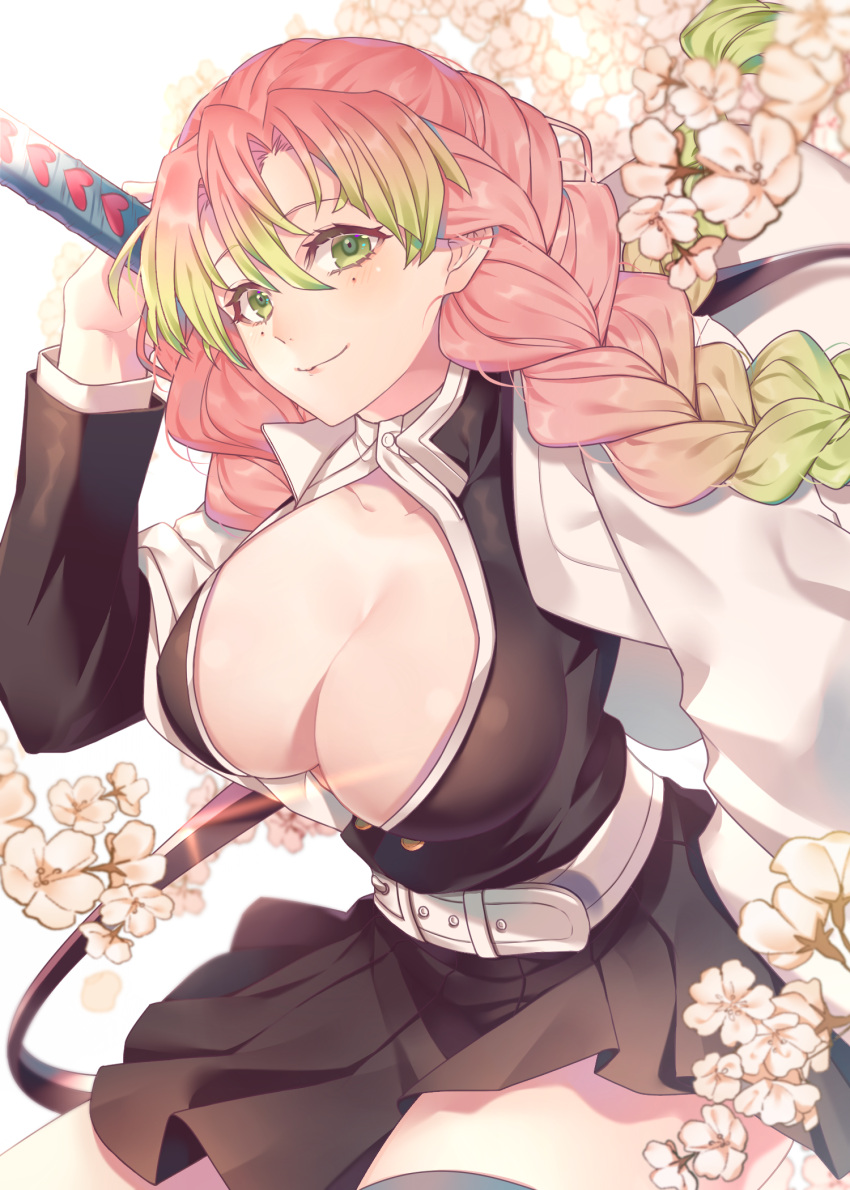 bangs big_breasts braided_hair cleavage demon_slayer female female_only flowers green_eyes haori kanroji_mitsuri kimetsu_no_yaiba long_hair long_sleeves looking_at_viewer mole_under_eye no_bra open_shirt pink_hair pleated_skirt selloum smile solo sword two_tone_hair unbuttoned_shirt