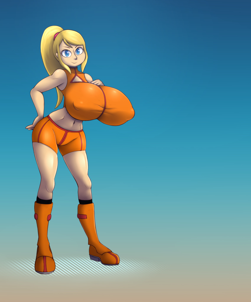 1girls big_breasts blonde_hair breast_expansion breasts female female_only huge_breasts metachoke metroid nintendo orange_suit samus_aran solo solo_female tagme