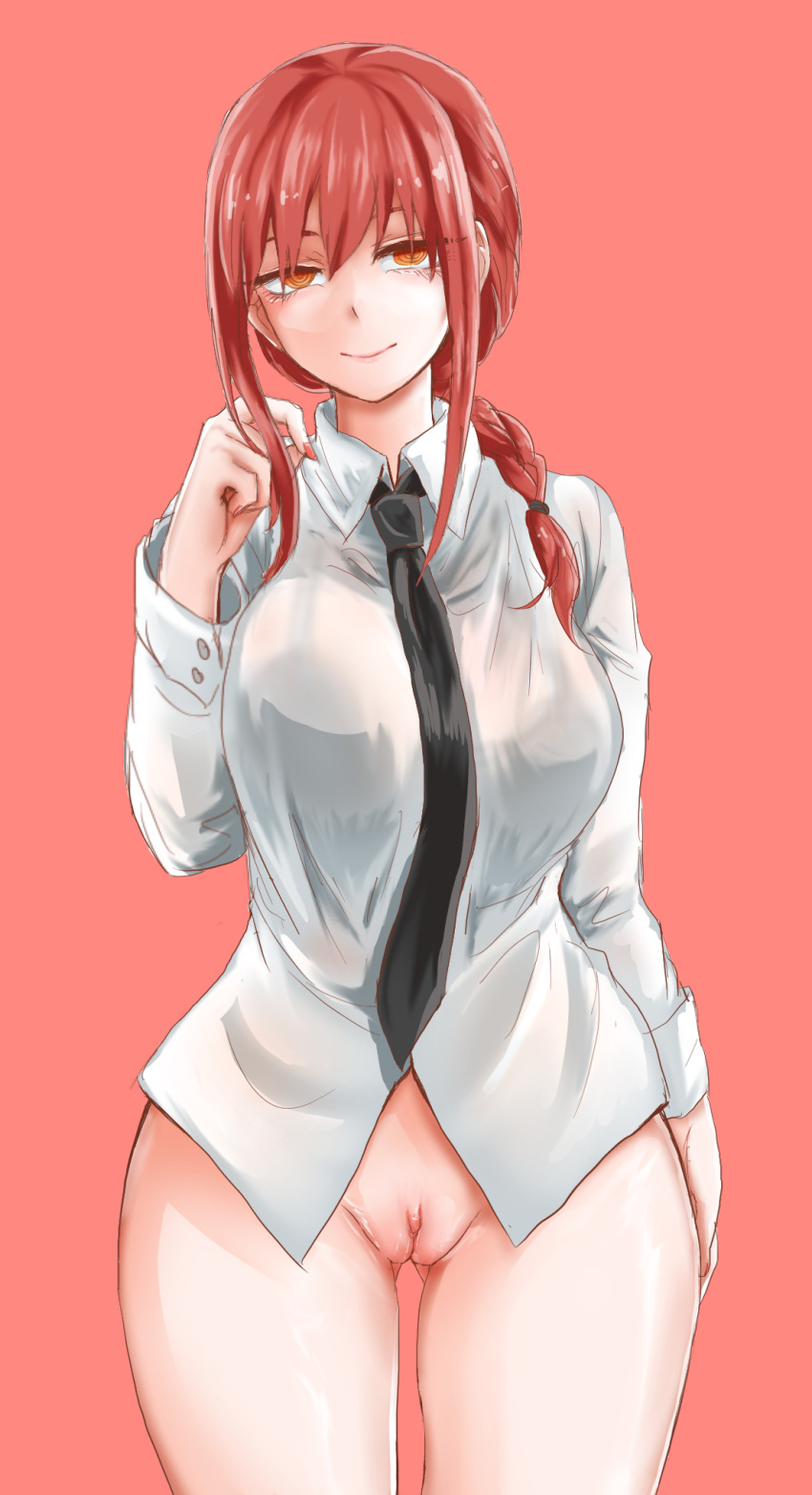 1girls aaannoun big_breasts blush bottomless bra breasts chainsaw_man clothed eye_contact female formal formal_attire formal_clothes formal_wear genital_fluids girl_in_suit image large_breasts looking_at_viewer makima_(chainsaw_man) necktie no_panties pussy red_eyes red_hair smile solo standing suit_and_tie thick_thighs thighs transparent_clothing woman_in_suit