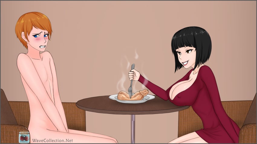 1boy 1girls bangs black_hair blue_eyes bob_cut busty cannibalism cannibalistic_tendencies castration cbt cfnm cleavage clothed_female clothed_female_nude_male cooked cruelty dress edibles femdom fork genital_mutilation genital_torture genitals huge_breasts imminent_cannibalism large_breasts malesub nude_male orange_hair penectomy plate sadism sadistic sadistic_girl severed_penis short_hair steam steamy_penis wavecollection