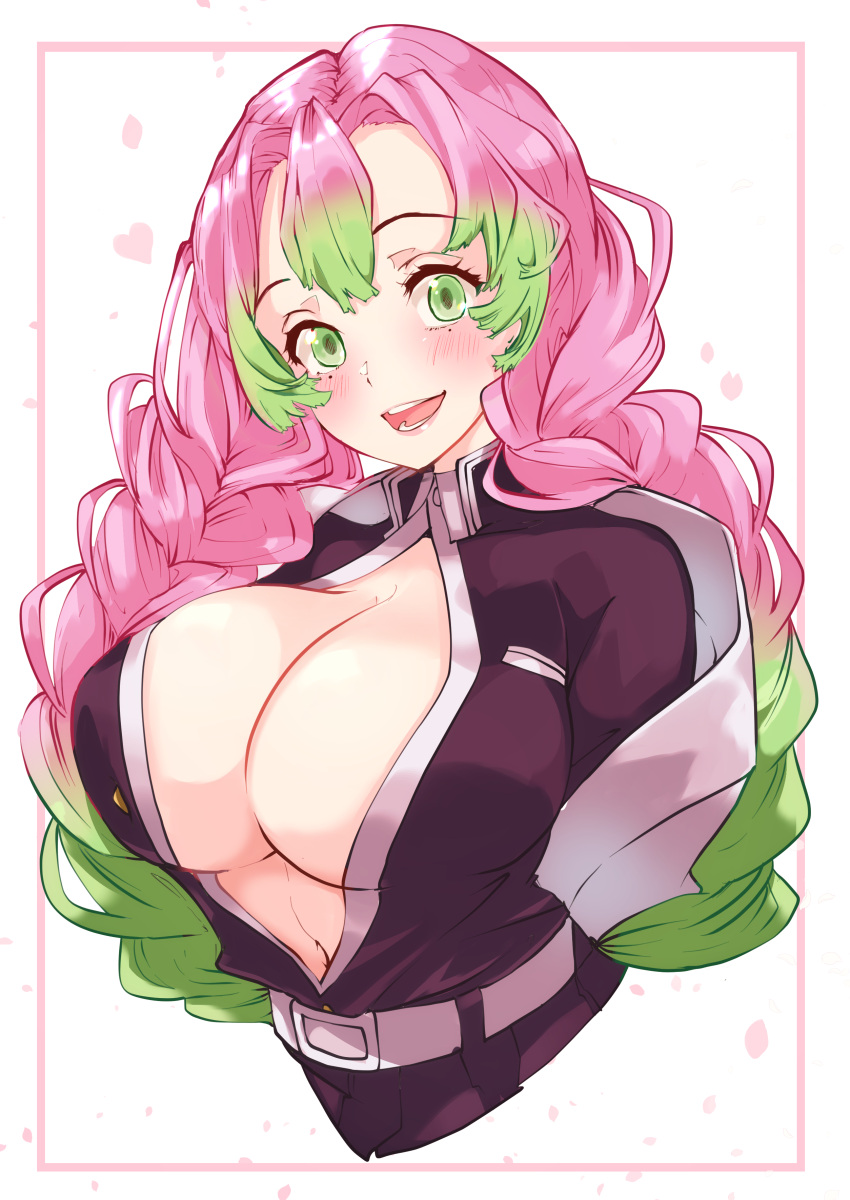 bangs big_breasts blush braided_hair cleavage clothing demon_slayer female female_only green_eyes haori kanroji_mitsuri kimetsu_no_yaiba long_hair looking_at_viewer mole_under_eye navel no_bra open_mouth open_shirt pink_hair risumi_(taka-fallcherryblossom) smile solo two_tone_hair unbuttoned_shirt upper_body