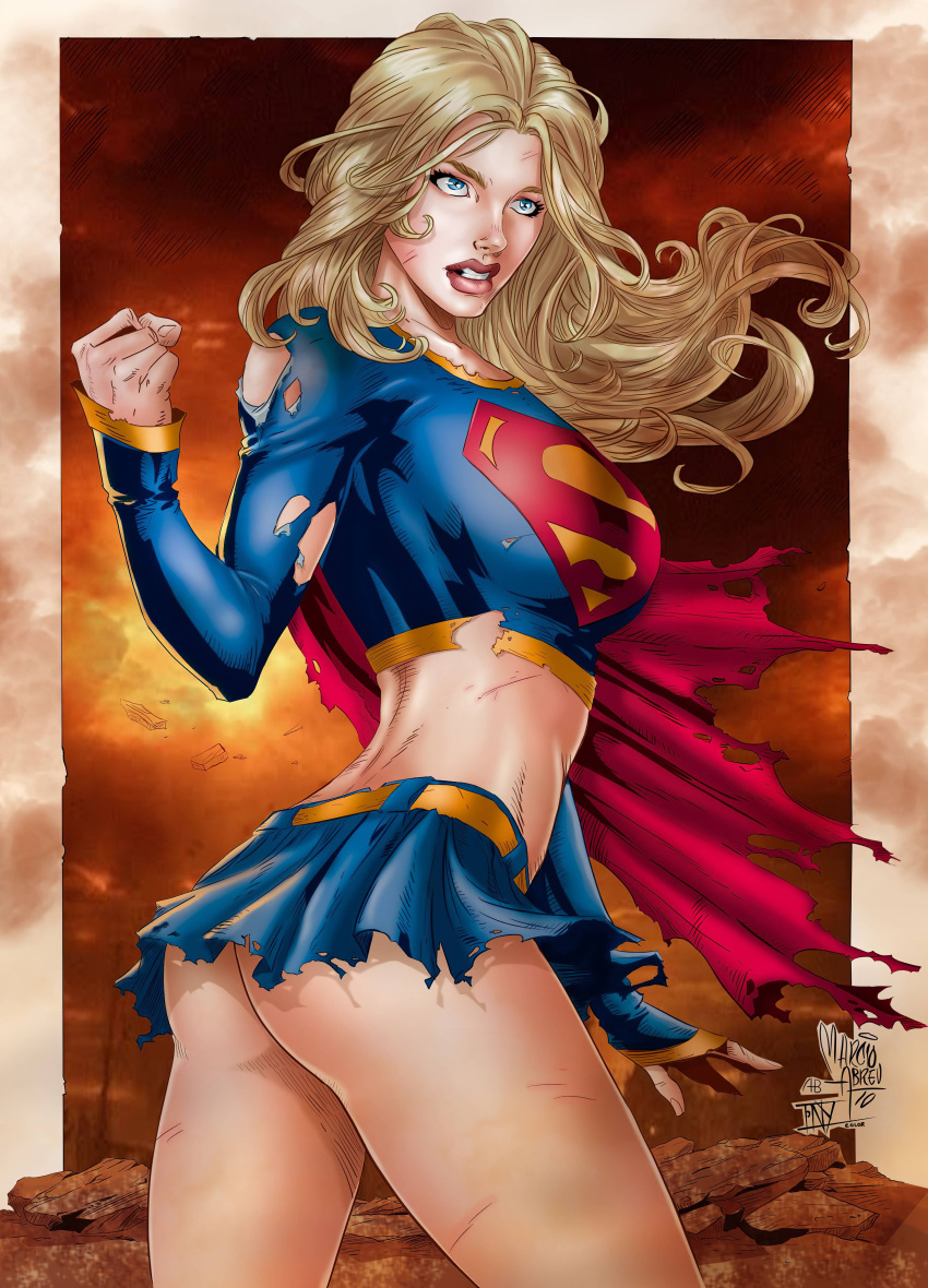 1girls blonde_hair blue_skirt dc dc_comics kryptonian marcio_abreu skimpy_costume solo_focus supergirl superman_(series) tony_ramirez