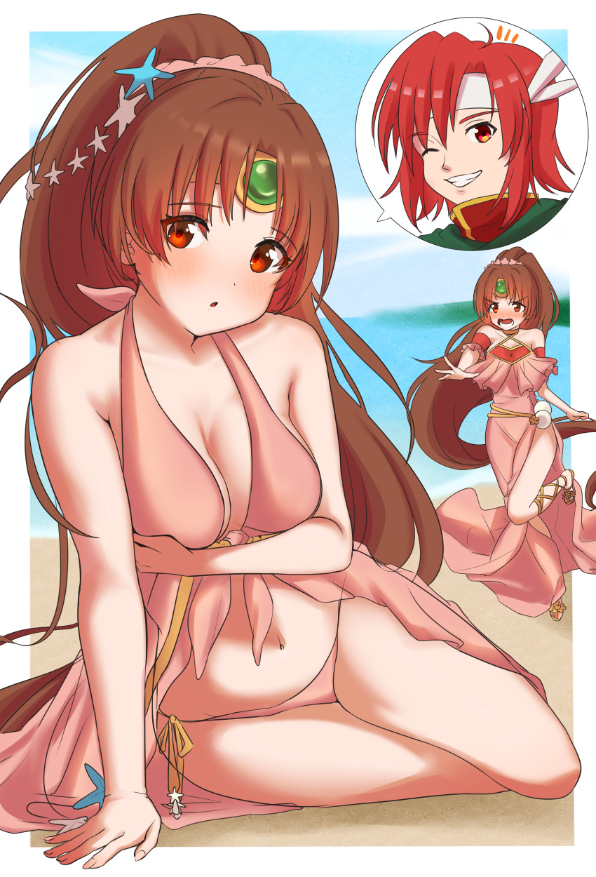 2girls alternate_costume angry bare_legs beach bikini breasts brown_eyes brown_hair cleavage dual_persona embarrassed fire_emblem fire_emblem:_mystery_of_the_emblem fire_emblem_heroes long_hair looking_at_viewer medium_breasts multiple_girls multiple_persona nintendo ocean official_alternate_costume open_mouth pink_bikini pink_swimsuit ponytail red_eyes sand seaside solo_focus swimsuit transformation ushiroki very_long_hair xane_(fire_emblem)