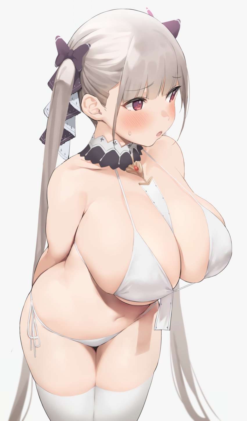 1girls :o arms_behind_back azur_lane bangs bare_shoulders between_breasts bikini blush breasts cleavage detached_collar female_focus formidable_(azur_lane) grey_hair hair_ribbon hi_res highres large_breasts leaning_forward long_hair navel nekoshoko open_mouth pink_eyes ribbon side-tie_bikini_bottom simple_background solo standing sweatdrop swimsuit thighhighs twintails very_long_hair white_background white_bikini white_thighhighs