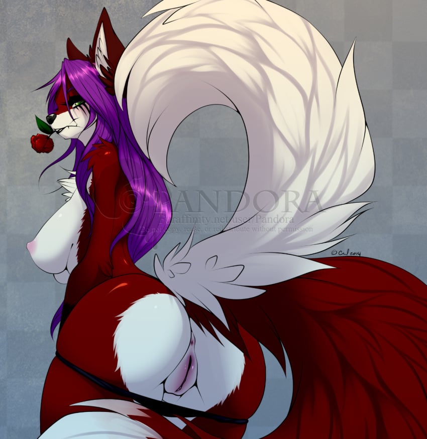 anthro anus ass blush breasts canine clothing female fluffy_tail fox fur furry mammal multiple_tails nipples pandora panties pussy smile solo underwear