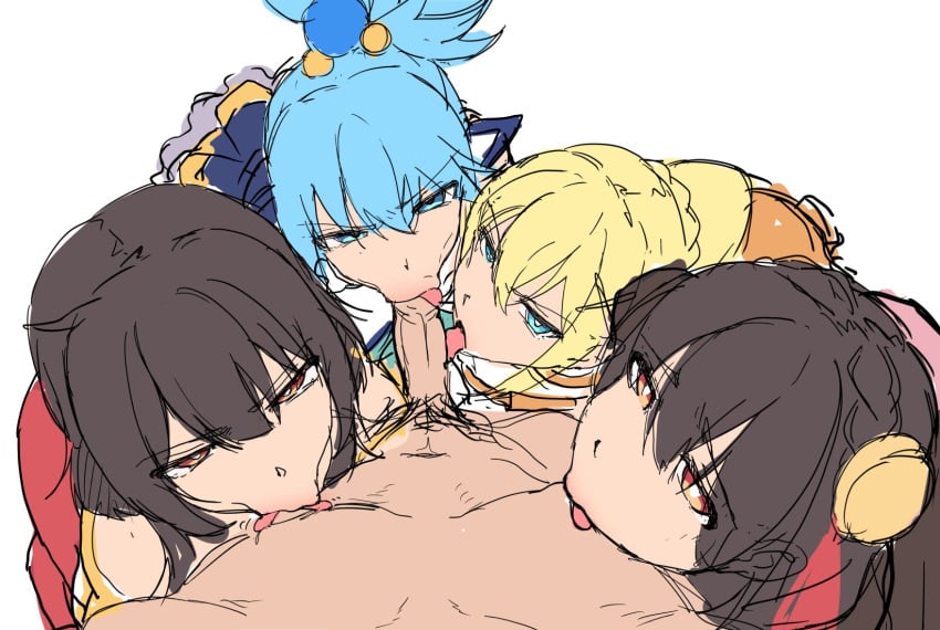 1boy 4girls :>= angry angry_fellatio aqua_(konosuba) black_hair blonde_hair blue_eyes blue_hair collaborative_fellatio darkness_(konosuba) fellatio femsub fivesome glaring hair_ornament harem hetero kono_subarashii_sekai_ni_shukufuku_wo! licking licking_nipples light-skinned_female light-skinned_male light_skin long_hair looking_at_viewer male_nipple_licking maledom megumin multiple_girls multiple_subs nipple_licking penis ponytail pov red_eyes shirabe_shiki short_hair skirt teamwork tongue tongue_out yunyun_(konosuba)