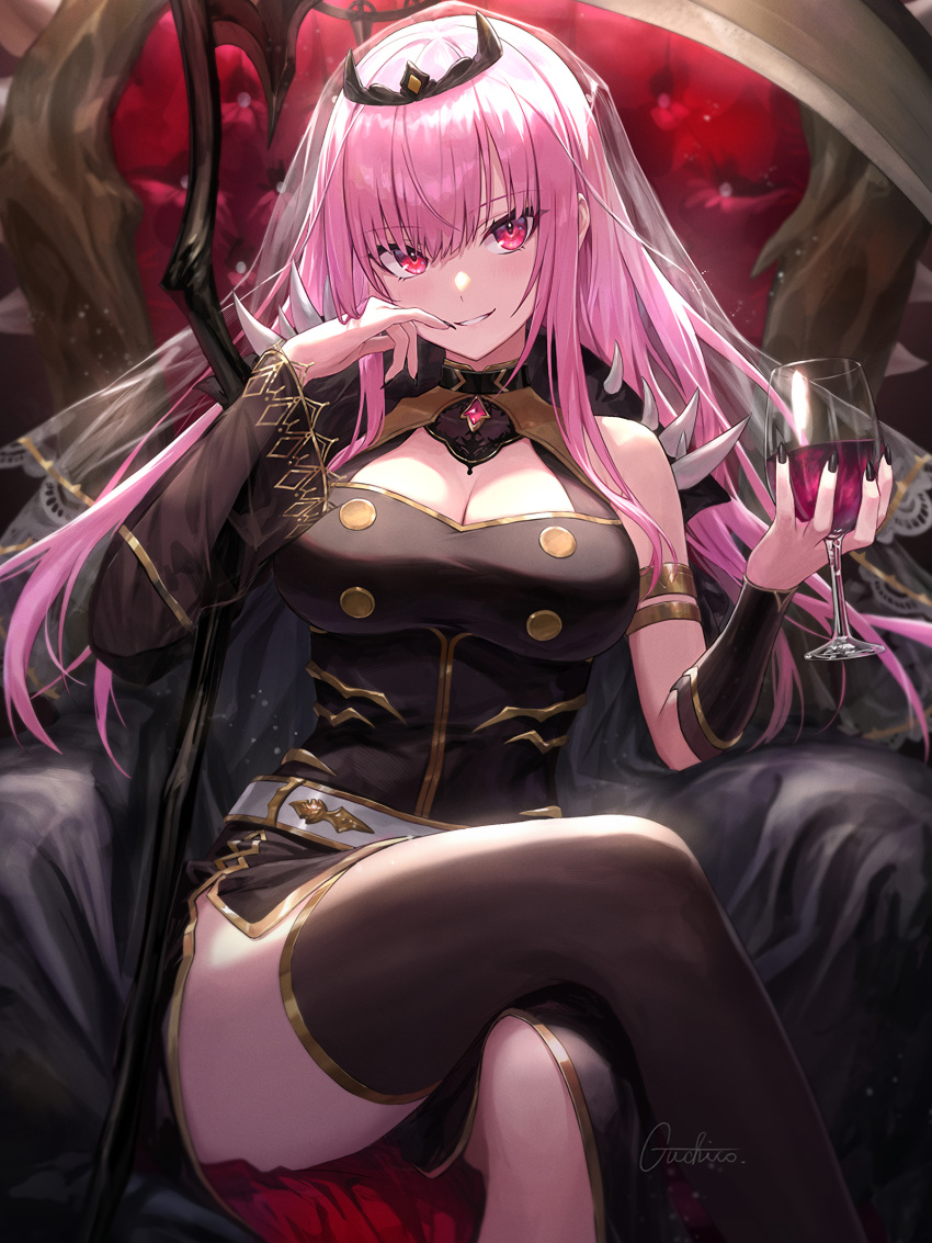 1girls background big_breasts black_clothing black_nails chair cleavage cleavage_cutout crossed_legs crown female guchico_(guchico77) hololive hololive_english hololive_myth light-skinned_female light_skin long_hair looking_at_viewer mori_calliope pink_eyes pink_hair scythe signature sitting_on_chair spikes stockings tagme thick thick_thighs throne veil virtual_youtuber voluptuous vtuber wide_hips wine