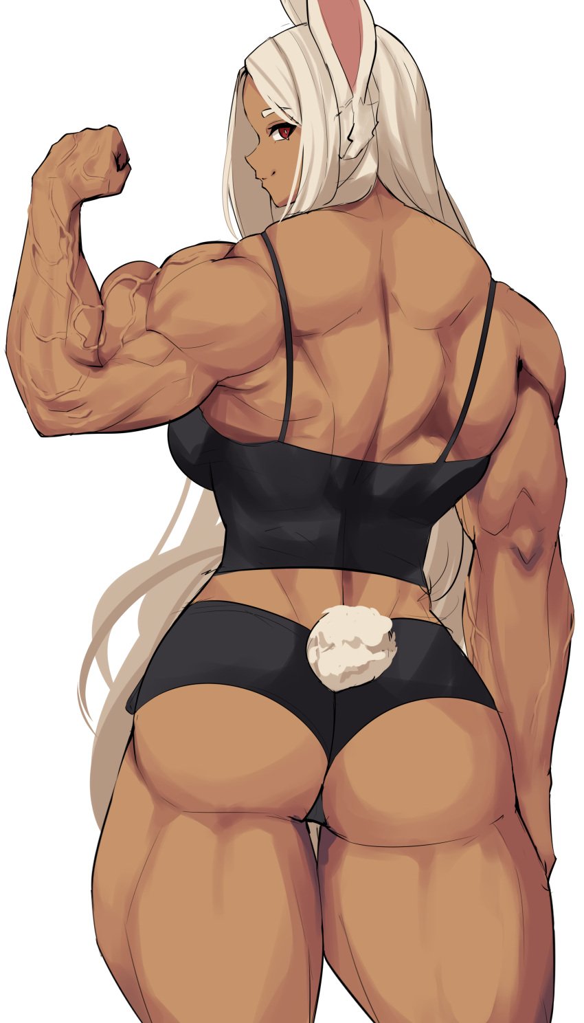 animal_ears ass back big_ass bunny_ears bunny_tail dark-skinned_female dark_skin long_hair looking_back miruko muscles musctonk muscular_back muscular_female muscular_thighs my_hero_academia red_eyes rumi_usagiyama smile tail thick_thighs veins veiny_muscles white_hair